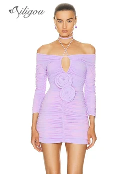Ailigou 2023, новое летнее женское сексуальное мини-платье с открытыми плечами и длинным рукавом в складку с 3D цветами, элегантное вечернее платье знаменитостей