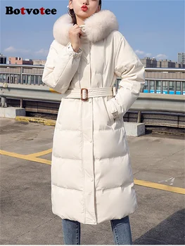 Botvotee, Однотонные парки для женщин, осень-Зима 2023, Новые модные куртки с длинными рукавами, меховой воротник большого размера с капюшоном, длинные пальто