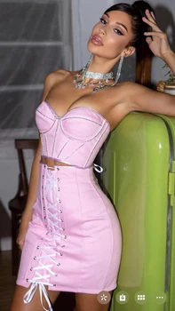 Kritt 2023 Новый Летний женский комплект из двух частей без рукавов и бретелек Розового цвета с бриллиантами, Облегающий Короткий топ без бретелек, юбка-бандаж, комплект