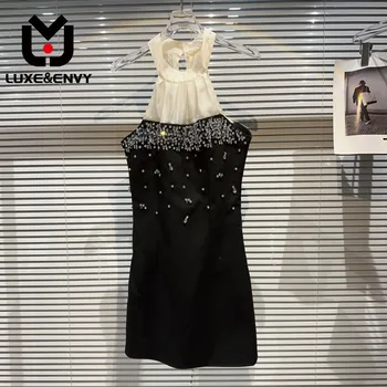 LUXE & ENVY 2023 Новое летнее платье без рукавов из лоскутного шифона, расшитое бриллиантами, длиной до колен, женское банкетное платье