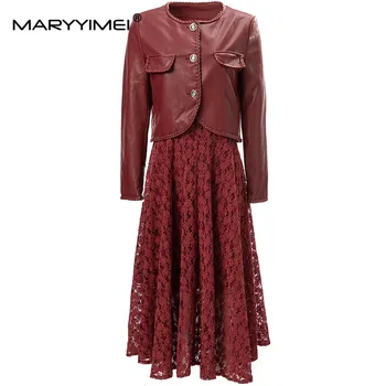 MARYYIMEI Модный весенний женский костюм, пальто с длинными рукавами + кружевное платье, комплект из двух предметов