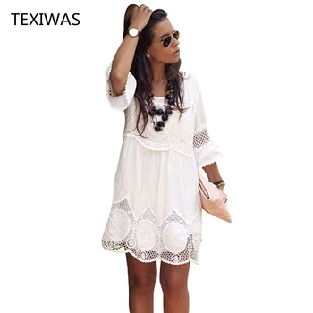TEXIWAS Женское Летнее платье Модное Свободное Кружевное платье С коротким рукавом 2022, Белое Женское платье С круглым вырезом