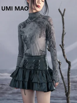 UMI MAO Sweet Cool Темная юбка из искусственной кожи в складку Женская летняя готическая сексуальная черная короткая юбка Одежда в готическом стиле Альтернативная мода