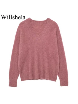 Willshela, Женский модный Розовый Свободный Мягкий вязаный свитер, Винтажный V-образный вырез с длинными рукавами, шикарные женские топы