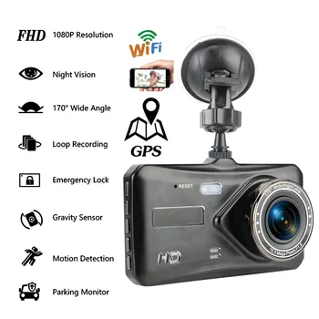Автомобильный Видеорегистратор WiFi 4.0 Full HD 1080P Dash Cam Камера Заднего Вида Видеомагнитофон Монитор Автоматической Парковки Ночного Видения Черный Ящик GPS Трекер