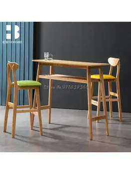 Барный стул из массива дерева, современный стул с простой спинкой, барный стул, стойка регистрации магазина чая с молоком, барный стул, скандинавский табурет с высокими ножками 0
