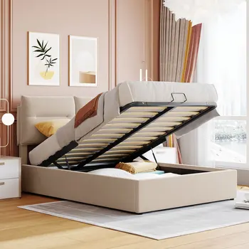 Бежевая полноразмерная мягкая кровать на платформе с гидравлической системой хранения, для мебели для спальни в помещении