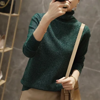 Блестящий женский свитер с высоким воротом 2023, Осенне-зимний Корейский Уличный джемпер, женский вязаный пуловер, Пуловер Femme Hiver