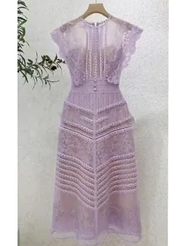 Винтажное подиумное Летнее Сексуальное вечернее платье без рукавов с вышивкой, женское Фиолетовое кружевное открытое платье высокого качества