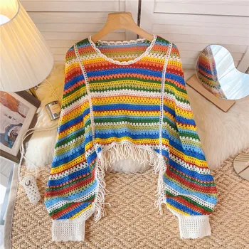 Вязаные топы в стиле бохо, женские вязаные свитера с рукавами 