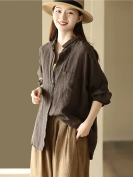 Женская льняная рубашка Осень-зима, повседневные топы на пуговицах в стиле ретро с длинными рукавами, новая свободная блузка 2023 года,