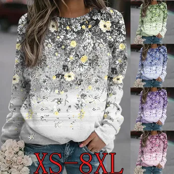 Женская мода 2023 года, осенне-зимняя мода, свободные повседневные футболки с круглым вырезом и длинным рукавом, топы XS-8XL