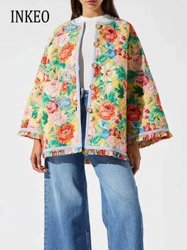 Женская стеганая куртка в стиле кантри с цветочным принтом и оборками, осень-зима 2023, парки с круглым вырезом и длинным рукавом, пальто свободного кроя INKEO 3O187