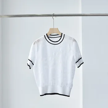 Женская футболка 2023, летняя новинка, круглый вырез, полосатая, подходящая по цвету, полая, вязаная крючком тонкая футболка