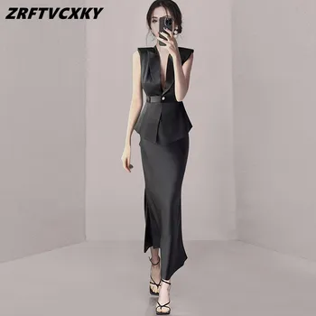 Женская черная юбка с высокой улицей, комплект из двух предметов, сексуальный топ без рукавов с глубоким V-образным вырезом + сумка, костюм с юбкой-русалочкой в стиле хип-хоп, рабочая одежда