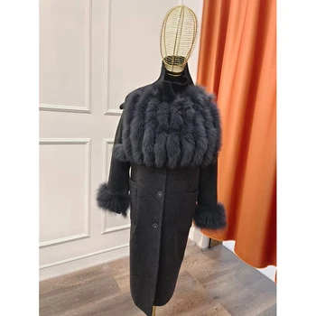 Женская шерстяная куртка с манжетами из натурального меха лисы, пальто из смесовой шерсти, бестселлер, Зимнее женское длинное пальто