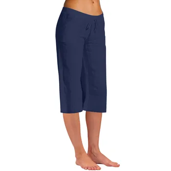 Женские брюки для пляжного отдыха, новые модные однотонные эластичные длинные брюки из хлопка и льна, укороченные брюки Простой теплой мешковатой посадки 바지
