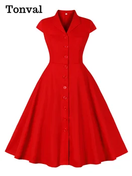 Женские платья из плотного хлопка Tonval Red с отложным воротником и однобортным рукавом-кепкой, летняя однотонная винтажная одежда