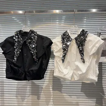 Женские рубашки на пуговицах с укороченным воротником с блестками, белые, черные