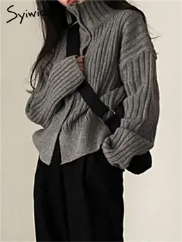 Женский вязаный кардиган с высоким воротом, Новый Однобортный Винтажный свитер с длинным рукавом, Корейский модный повседневный свитер