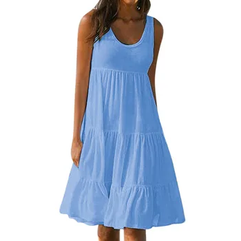 Женское летнее пляжное платье без рукавов с круглым вырезом, однотонное сращивание, большие качели, Элегантные платья для женщин 2023 года