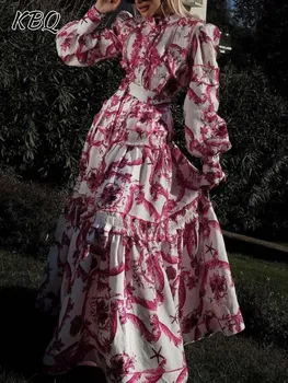 Женское платье с жемчужным принтом KBQ, Воротник-стойка, Рукава-фонарики, Высокая талия, Хитовый цвет, Съедобный Древесный гриб, Длинные платья, Женское