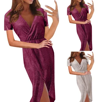 Женское Сексуальное вечернее платье с глубоким V-образным вырезом и рюшами с коротким рукавом, вечернее платье для ночного клуба, платье для выпускного вечера с высокой посадкой