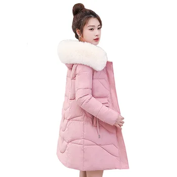 Зимняя теплая куртка 2023, Новые женские парки, Однотонная куртка с капюшоном, повседневные пальто с меховым воротником и длинными рукавами.