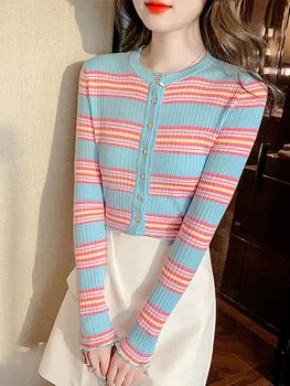 Кардиган, женские свитера 2023, Топ с длинным рукавом, Полосатый Круглый вырез, осень-зима, Корейская мода, Повседневная Женская одежда