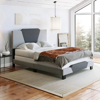 Каркас кровати-платформы Boyd Sleep Tuscany с геометрической обивкой из древесного угля и серого льна, Queen-Size