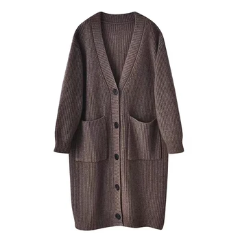 Кашемировый кардиган с воздушным карманом выше колена, женский осенне-зимний корейский вариант пальто-свитера, свободное шерстяное пальто