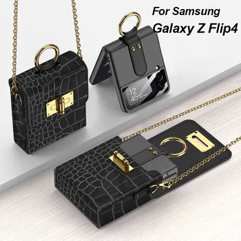 Кожаный Чехол GKK с Крокодиловым Узором Для Samsung Galaxy Z Flip 4 5G На Ремешке BackBag С Пластиковым Кольцом-Подставкой Для Galaxy Z Flip4
