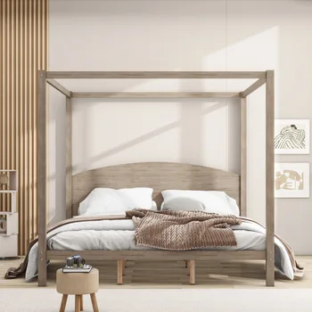 Кровать-платформа с балдахином королевского размера с изголовьем и опорными ножками, для мебели для спальни в помещении, коричневая