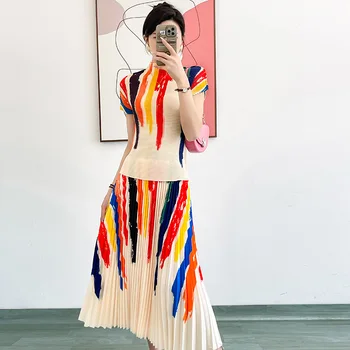 Лето 2023, Новый модный комплект Miyake Crease, рубашка с украшением + плиссированная юбка с принтом, Комплекты из 2 предметов, женские наряды