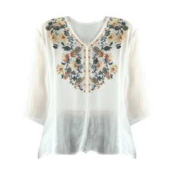 Модная женская блузка 2023, женская рубашка с вышивкой большого размера, универсальный тонкий пуловер с V-образным вырезом, блузки 블라우스 blusas muje