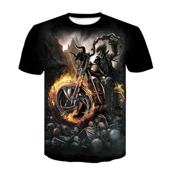 Модная мужская футболка с высококачественным 3D принтом, крутая футболка с короткими рукавами, уличный топ с изображением мотоцикла с черепом