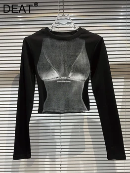 Модный женский короткий черный топ с буквенным принтом для женщин, футболка с длинным рукавом и круглым вырезом, новинка осени 2023 года, Tide 11XX5480