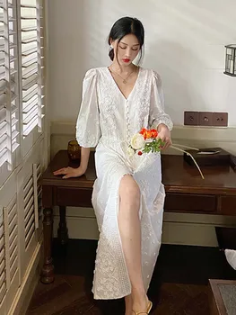 Новое белое Длинное платье Jastie Summer для женщин 2023, элегантные Макси-платья с V-образным вырезом и пышными рукавами на талии, Белое жаккардовое платье с вышивкой