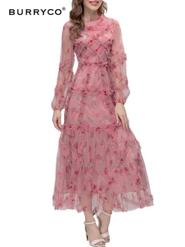 Новое женское платье BURRYCO 2023 Summer Fairy, высококачественное сетчатое кружевное платье с круглым вырезом и длинным рукавом