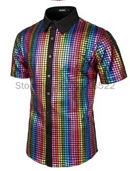 Новые 2023 Мужские рубашки для дискотеки 70-х годов с металлическими блестками, рубашки на пуговицах с коротким рукавом, рубашки для рождественской вечеринки, костюм для выпускного вечера в ночном клубе.