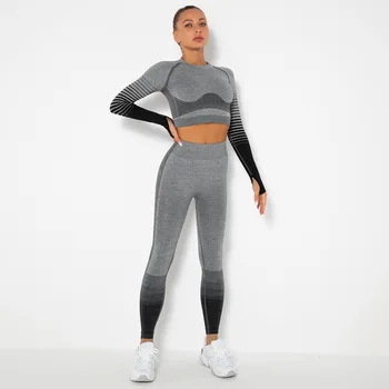 Новый комплект из 2 предметов для спортзала, тренировочная одежда для женщин, укороченный топ с длинным рукавом, бесшовные леггинсы для йоги, спортивные костюмы