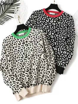 Однобортный Черный Леопардовый женский пуловер с круглым вырезом, Осенне-зимний свитер, Пуловеры, Однобортный женский вязаный топ в полоску