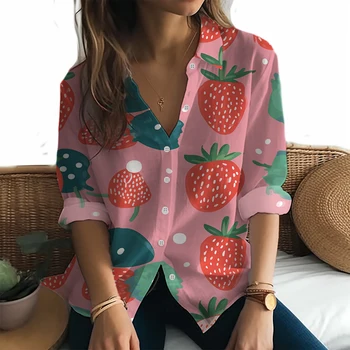 Освежающая и удобная рубашка Женская высококачественная рубашка Клубничная 3D печать Рубашка с длинным рукавом Уличная модная рубашка
