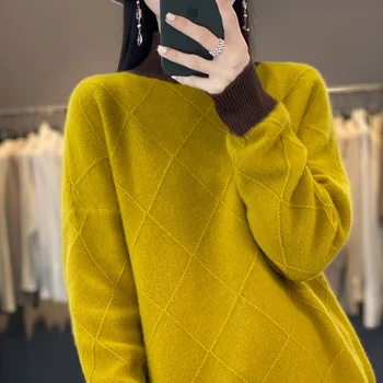 Осенне-зимняя женская новая трикотажная одежда из 100% шерсти, пуловер с бриллиантами, модная дышащая блузка