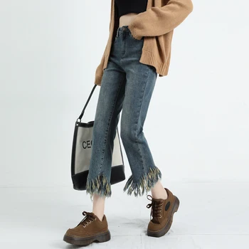 Осенние женские джинсы 2023, Новые узкие женские укороченные брюки с высокой талией и кисточками, готическая уличная одежда, бесплатная доставка