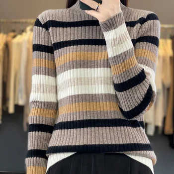 Осенний новый 100% чистый шерстяной свитер, женский пуловер средней высоты, свободный кашемировый свитер, вязаная нижняя рубашка для похудения