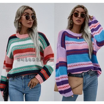 Осенний новый женский трикотажный пуловер радужного цвета, женский свободный свитер, женский