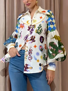 Повседневная женская рубашка с принтом, рукав-фонарь, однобортный отложной воротник, женские рубашки 2023, модный мультфильм 