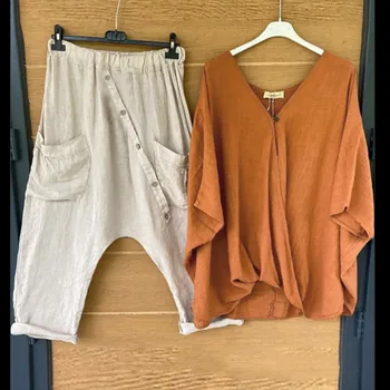 Повседневные женские костюмы, 2 предмета, футболка с V-образным вырезом, Свободные слаксы, комплекты брюк, пуловеры оверсайз, топы и брюки с эластичной резинкой на талии.
