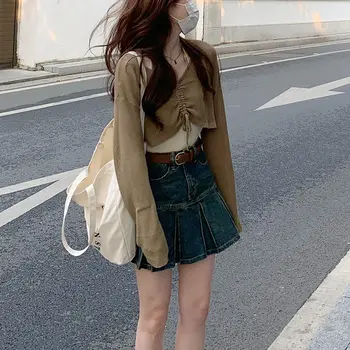 Ретро сладкая и пряная плиссированная джинсовая короткая юбка женская летняя новая корейская версия облегающей юбки трапециевидной формы с завышенной талией и фланцами
